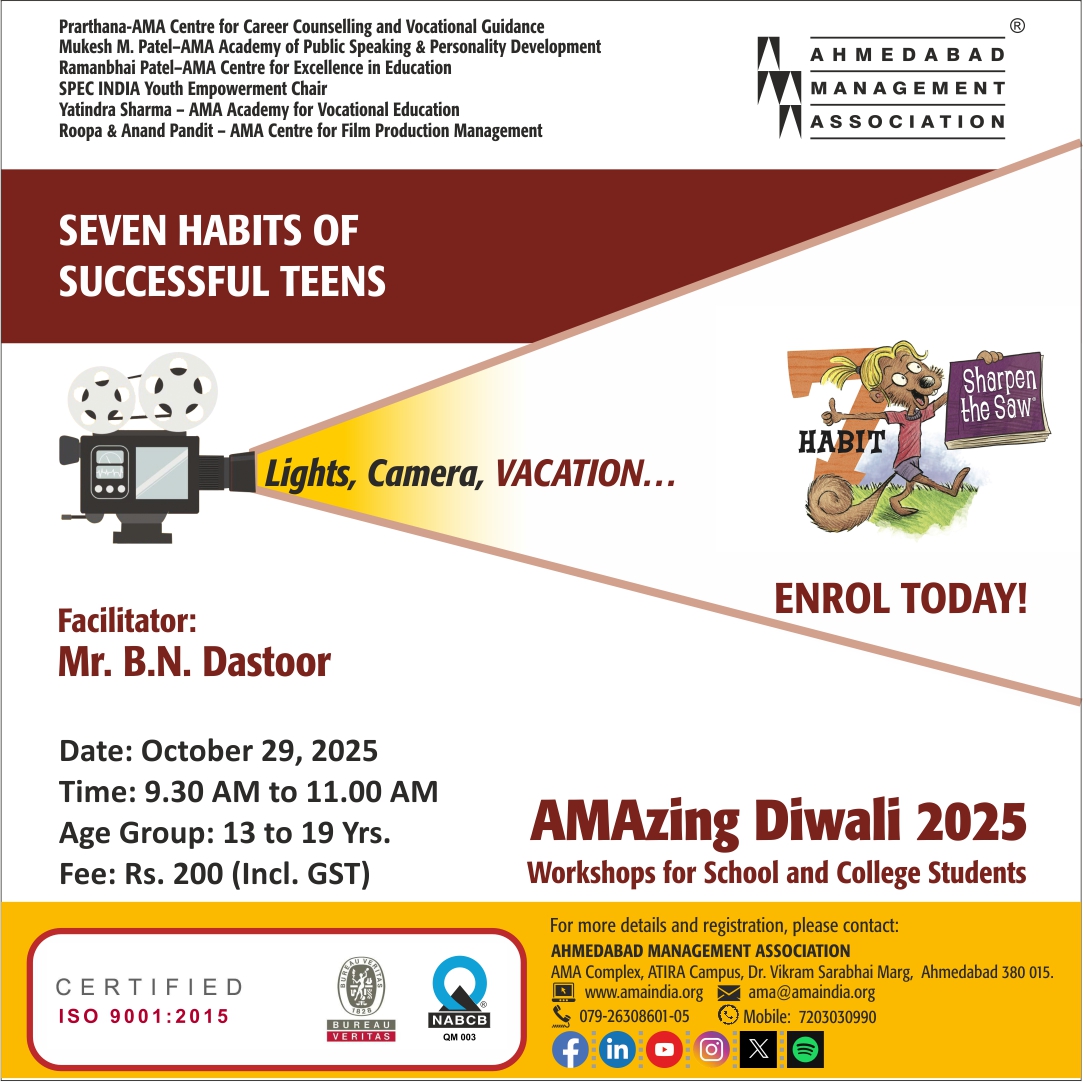 ama_ahmedabad's tweet image. Register Now: amaindia.org/ama-programmes…

Don't just take a vacation—invest in your future! 🚀

Our AMAzing Diwali 2025 Workshops are filling up fast! This is your chance to learn skills.

Boost your skills in leadership, mental health, career path discovery, and more! 

Enroll now…
