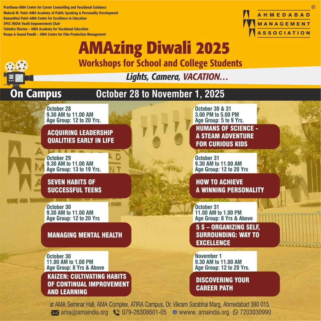 ama_ahmedabad's tweet image. Register Now: amaindia.org/ama-programmes…

Don't just take a vacation—invest in your future! 🚀

Our AMAzing Diwali 2025 Workshops are filling up fast! This is your chance to learn skills.

Boost your skills in leadership, mental health, career path discovery, and more! 

Enroll now…