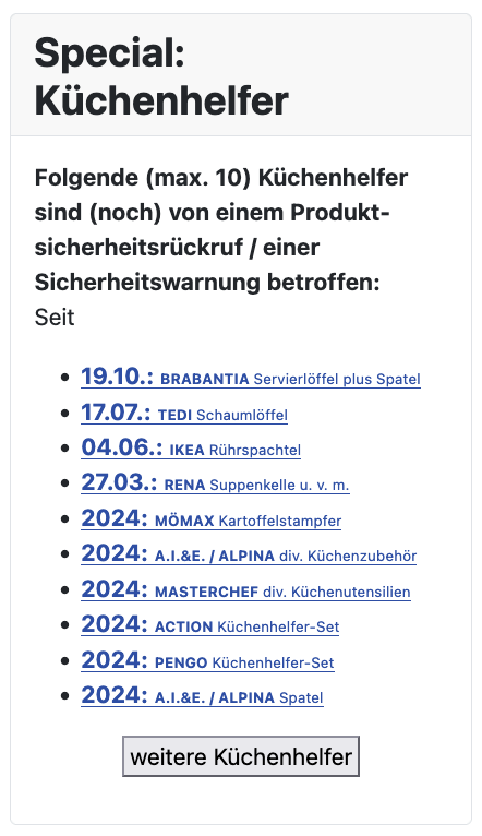Rueckrufportal's tweet image. UPDATE: #RÜCKRUF | #WARNUNG | Wissenswert, insb. für Nutzer von Kunststoff-Küchenhelfern "Special: Küchenhelfer" > Aktuell zahlreiche Rückrufe: u. U. erhebliche GESUNDHEITSGEFAHR, insb. durch krebserzeugende 'primäre aromatische Amine (paA)'
Siehe auch: produktrueckrufe.de