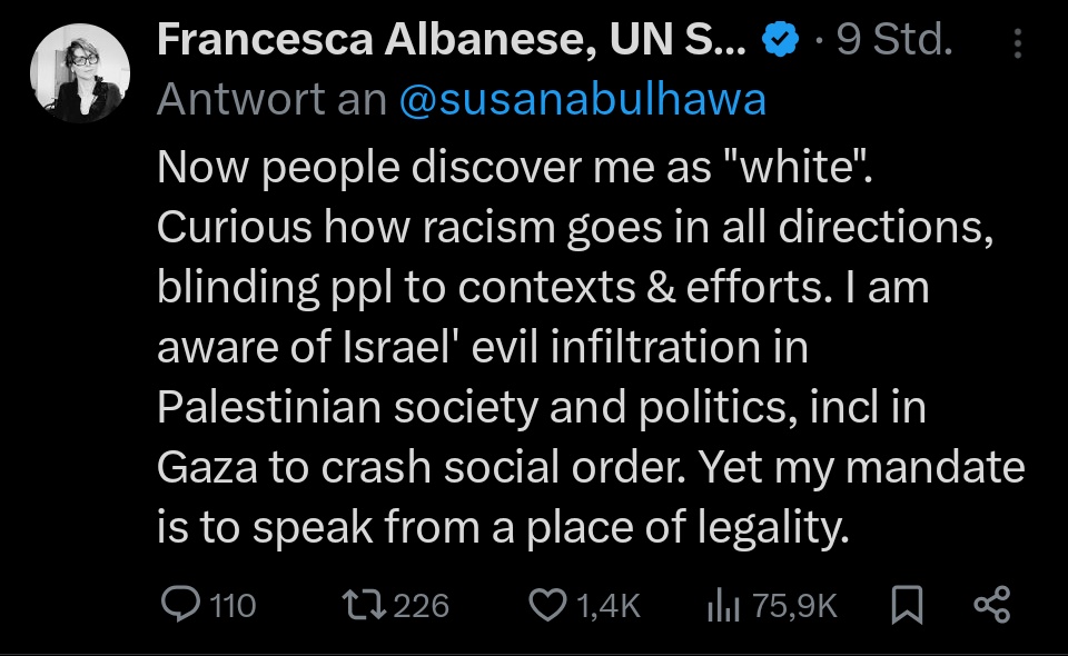 Albanese fühlt sich jetzt als Opfer von Rassismus, weil Palästinenser ihre seichte Kritik an der Hamas kritisieren. Kann man sich wirklich nicht ausdenken.