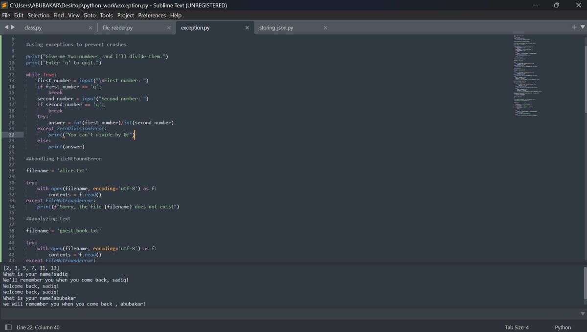 0xSadiqullah's tweet image. Some sample project i worked on: 
Using exception to prevent crashes , handling FileNotFoundError, and analyzing text .
On the second frame is a sample of storing data using json and refactoring into more easier and understandable program...
#pythonML #LearningEveryday