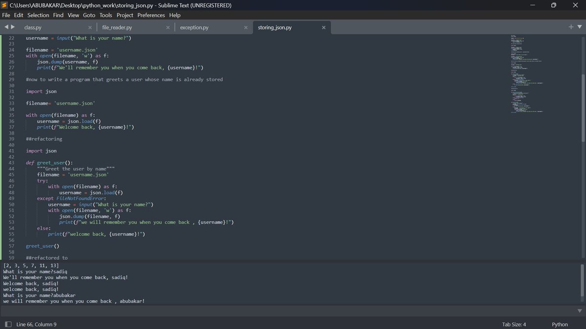 0xSadiqullah's tweet image. Some sample project i worked on: 
Using exception to prevent crashes , handling FileNotFoundError, and analyzing text .
On the second frame is a sample of storing data using json and refactoring into more easier and understandable program...
#pythonML #LearningEveryday