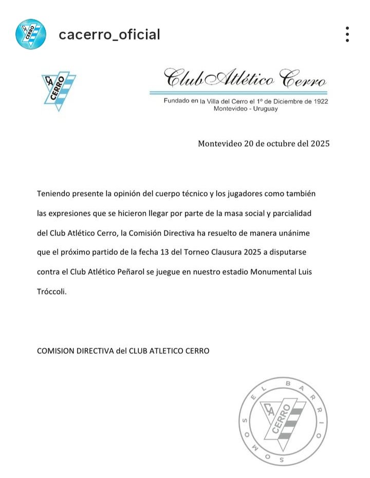 #ATENCIÓN 

🏟️ Mañana 10h. se realizará la inspección del Tróccoli por el MI y AUF.

➡️Mañana a las 18h. en la AUF será la reunión de coordinación y seguridad.

⚠️Por los antecedentes, el partido es considerado de alto riesgo.

🚨Se limitaría el aforo para los hinchas de Peñarol.