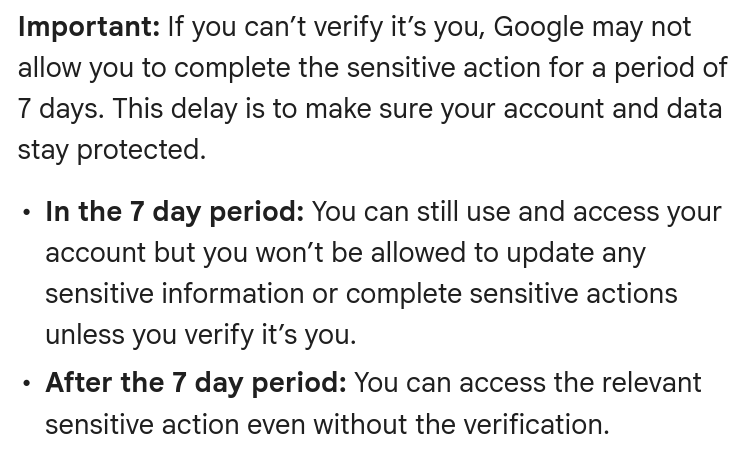 Screenshot of Google's 7-day security verification policy