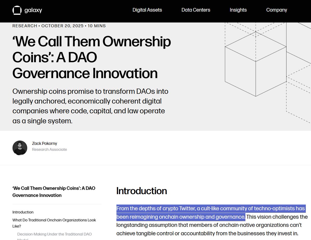 Ownership Coinsに関するGalaxy記事のヘッダーのスクリーンショット