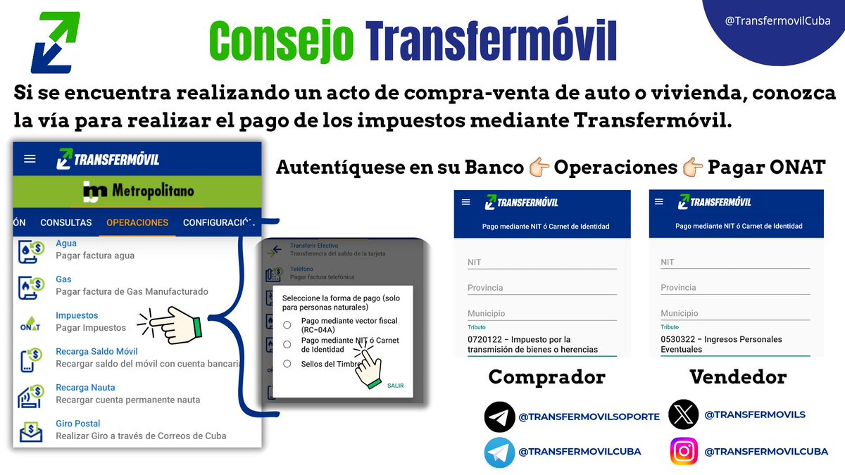 ⚖ Si se encuentra realizando un acto de compra-venta de auto o vivienda, conozca la vía para realizar el pago de los impuestos mediante #Transfermóvil.
Aporte a la <a href="/OnatdeCuba/">ONAT de Cuba</a> y cumpla con sus obligaciones fiscales. #Transfermóvil le permite realizarlo con bonificación incluida.