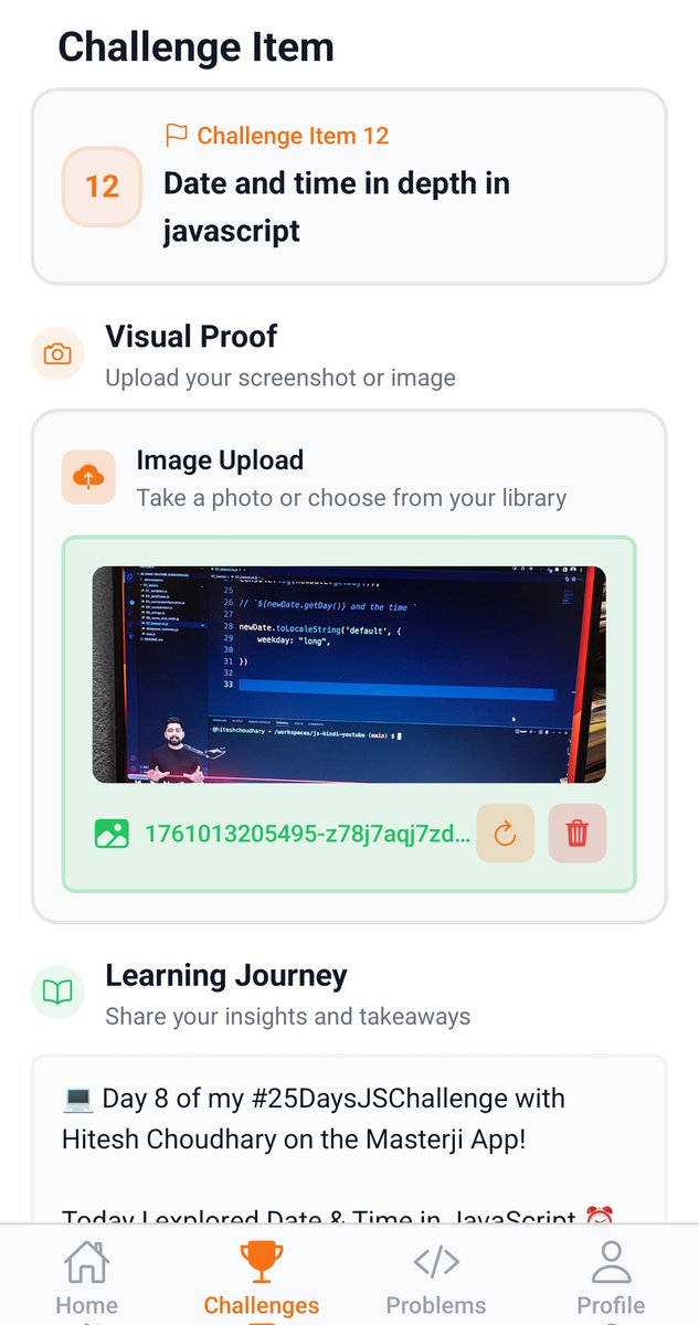 infysoubhagya's tweet image. 💻 Day 8 of my #25DaysJSChallenge with @Hiteshdotcom on the Masterji App!

Done✅