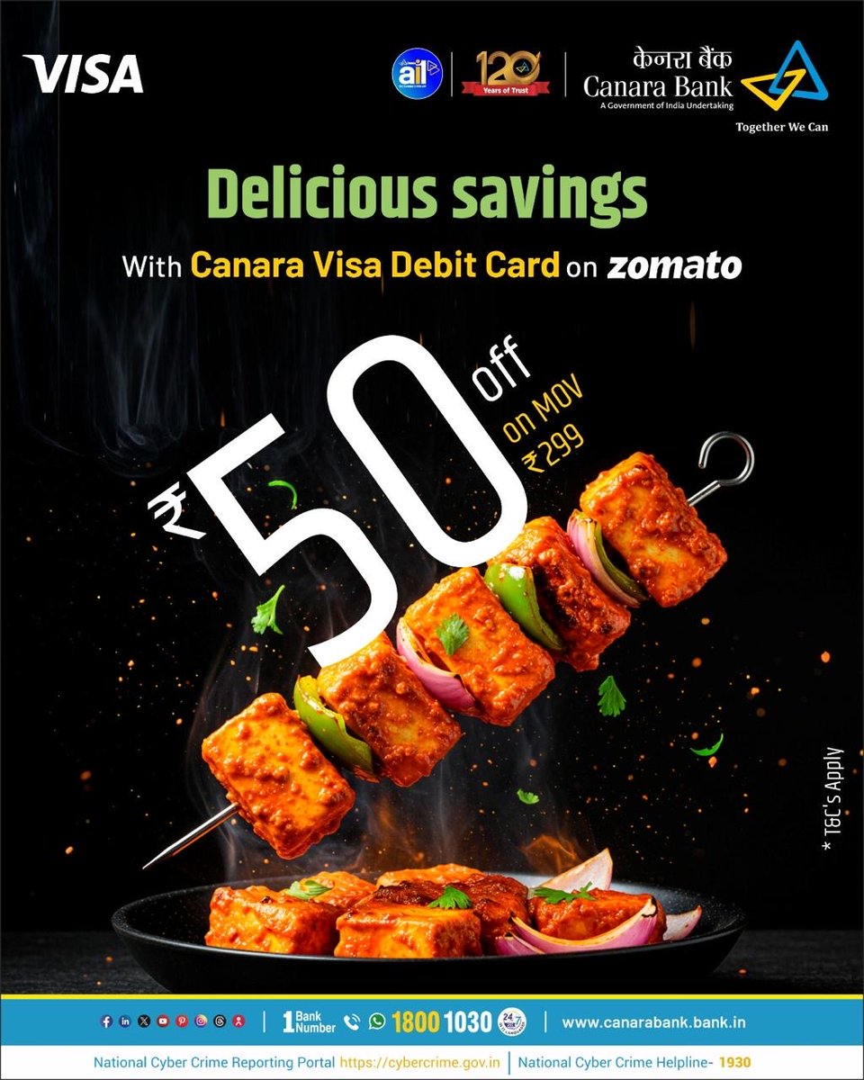 canarabank's tweet photo. Why pay full price when your Canara Visa Debit Card brings you discounts everywhere?
Swipe to see how you can save on food, groceries & bills!
#CanaraVisa #BigSavings #ZomatoDeals #BigBasketOffer #PaytmRecharge #TogetherWeCan #CanaraBank https://t.co/NonrrFAcCj