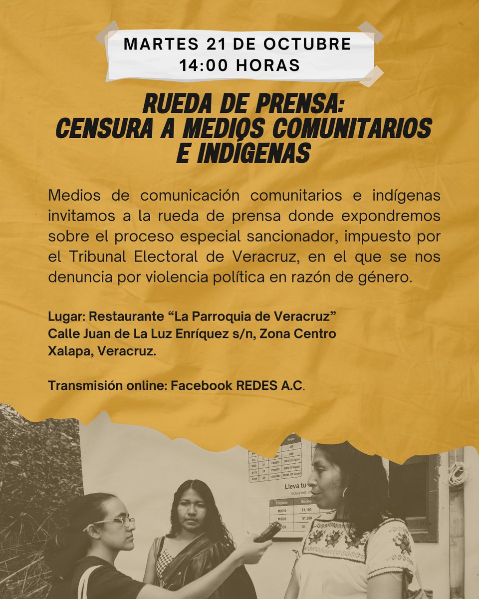 Martes 21 octubre 14 h
📰#RuedaDePrensa: censura  a #comunitarios e #indígenas.
Compartiremos sobre el proceso especial sancionador, impuesto por el Tribunal Electoral de Veracruz, en el que se nos denuncia por violencia política en razón de género.

facebook.com/share/1EFm9JzZ…