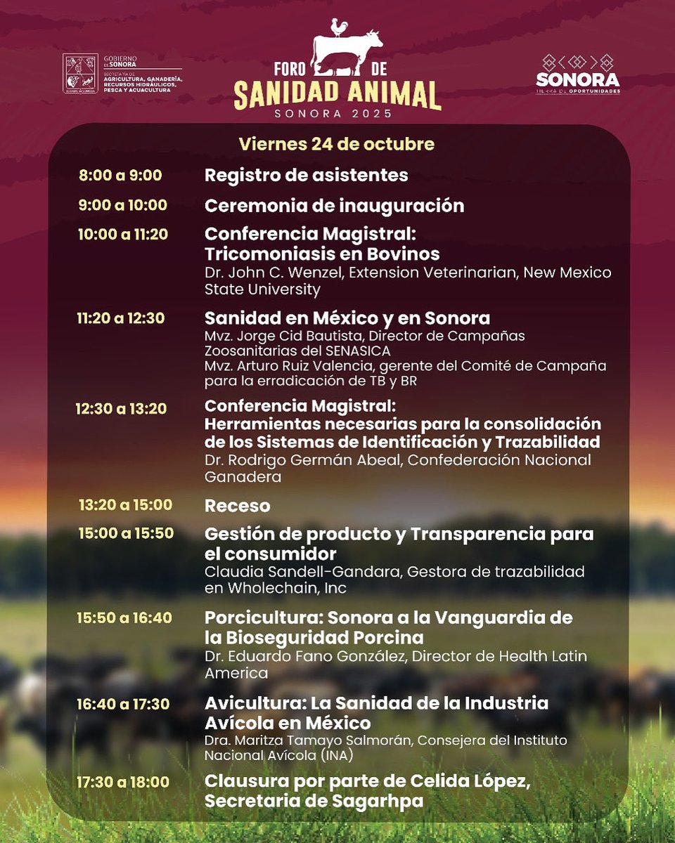 SAGARHPASonora's tweet image. Te presentamos el programa del Foro de Sanidad Animal Sonora 2025, nos vemos este viernes 24 de octubre.

🕗 ¡Registro a las 8:00 a.m.!