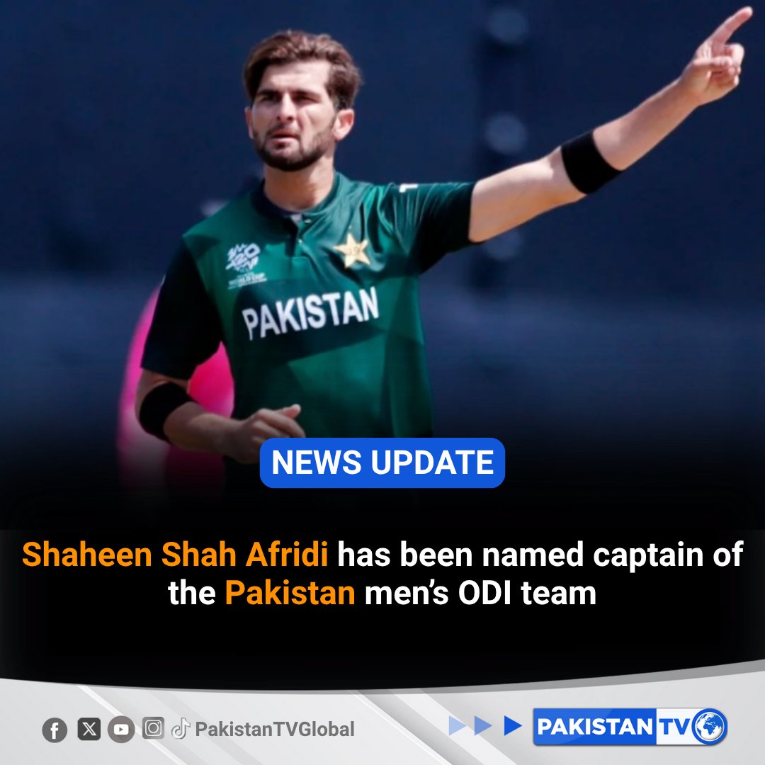 PakTVGlobal's tweet photo. The Pakistan Cricket Board has appointed left-arm fast bowler Shaheen Shah Afridi as the new captain of Pakistan’s men’s ODI team on Monday, October 20, 2025.
#ShaheenAfridi #PakistanCricket #ODICaptain #TeamPakistan #PakistanTV #PakistanTVglobal https://t.co/4R3kD4ykEZ