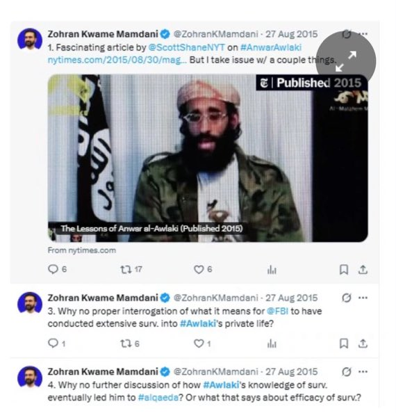 Zohran defending Anwar al-Awlaki — the terrorist cleric linked to 9/11, Fort Hood, the Underwear Bomber, and whose sermons inspired the Boston Marathon bombing