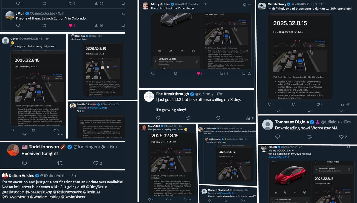 SawyerMerritt's tweet image. BREAKING: Tesla FSD V14.1.3 has officially started rolling out to the general public! I&apos;ve gotten messages from over 100 people in North America that have just received it on their cars. This includes Model 3, Model Y, Model S and Model X vehicles.

It’s go time!