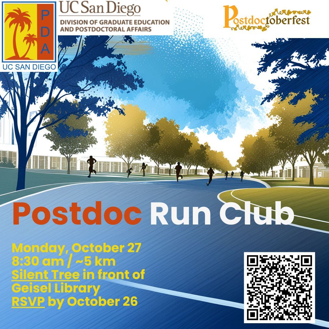 UCSDPDA's tweet image. Join us for a relaxed 5k run on Monday, 10/27/25 at 8:30 AM. We&apos;ll meet at Silent Tree in front of Geisel Library. RVP: buff.ly/rcIHQZe 
We will end at Art of Espresso, where you can grab a (self-sponsored) coffee and chat with fellow runners. Contact  dstehle@ucsd.edu