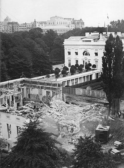 Jillie_Alexis's tweet image. I don't know who needs to hear this, but the wing of the White House Trump is rebuilding as a ballroom was actually demolished under FDR. It was originally built in 1902, and most of what stands now dates from 1942. These halls being renovated are modern, not ones our founders…