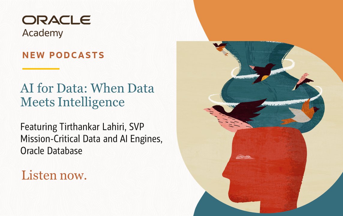 OracleAcademy's tweet image. Check out our new season of the #OracleAcademy #Tech Chat podcast! The new episodes are on #AI for #data.
Read more > social.ora.cl/6013AfLy7
Listen > social.ora.cl/6016AfLJ6
