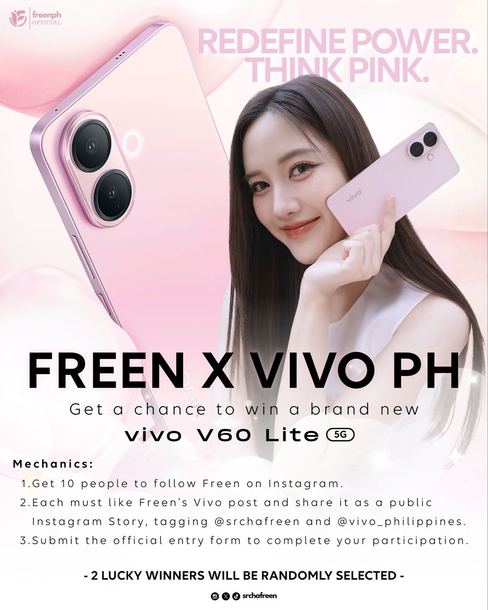 girlfreenphil's tweet photo. Freen radiates confidence and power with the vivo V60 Lite, the true definition of Pop Pink Perfection.

Now it’s your moment to shine. Step into your glow and redefine what it means to be effortlessly chic. 

Join the vivo V60 Lite Giveaway! 
Celebrate style, confidence, and nonstop fun just like Freen.

Form: https://t.co/TubCa4ay4u

End of submission: November 08, 2025
Winners announced: November 11, 2025

A huge thank you to @Srch6789 for sponsoring this event and empowering Girlfreens to shine in Pop Pink perfection!

@srchafreen x @vivo_phil 

#vivoV60LiteNonstopFun 
#vivoV60LitePopPinkPhone
#srchafreen #FreenSarocha
#solennentertainment