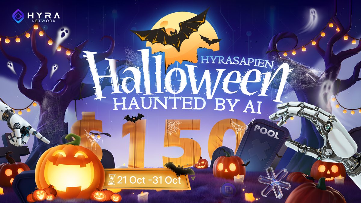 hyranetwork's tweet image. 🎃 HYRASAPIEN HALLOWEEN is LIVE! 🎃
Dare to break the Curse of the Chain? Summon your creativity and bring the haunted world of AI + DePIN to life - $150 in rewards await! 💰
📅 21th - 31th October
🤖 Theme: “Curse of the Chain” - where decentralized tech meets the…