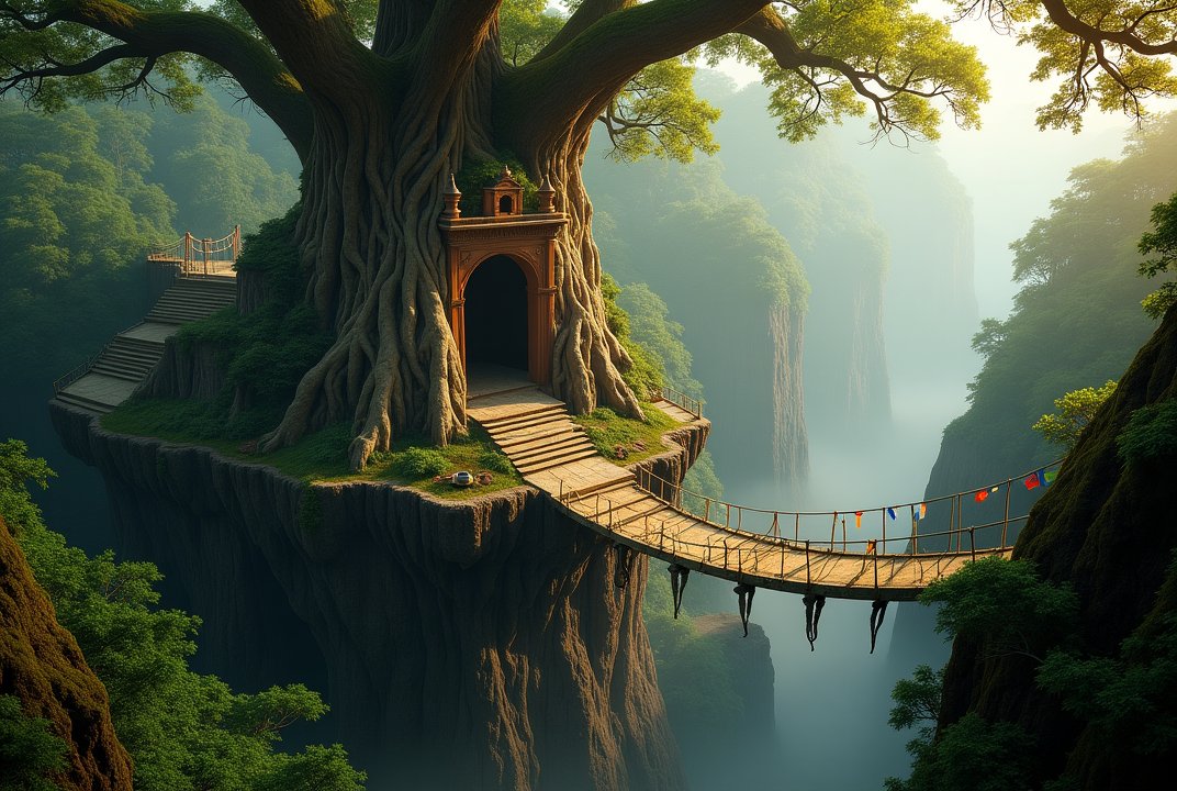 PromptSin's tweet image. Discover magic in every detail ✨ 
Take the leap—adventure is just a bridge away! 🚶‍♂️🌿
 #MysticJourney #FairyTaleVibes