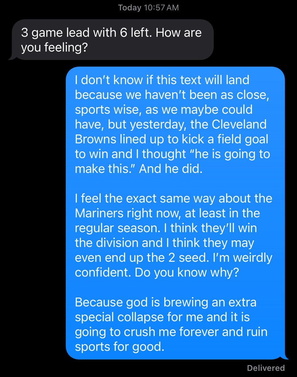HrubyThruby's tweet image. Really sucks that Julio struck out to end the season. Hell of a game from him.
I sent this text on 9/22 and knew it was coming, but, boy, it still hurt. Go M’s.