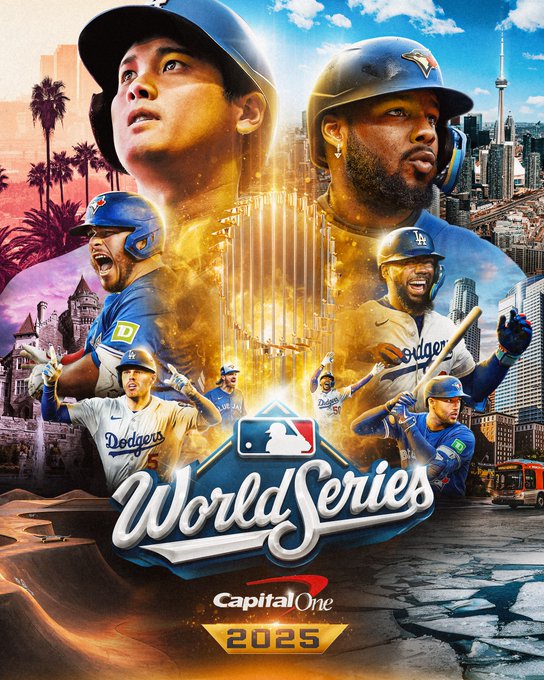 World Series: Dodgers vs. Blue Jays Pictured: Cutouts of Shohei Ohtani, Vladimir Guerrero Jr., Alejandro Kirk, Teoscar Hernández, Freddie Freeman, Kevin Gausman, Mookie Betts and George Springer in various action poses. Los Angeles and Toronto geographical elements are placed throughout the graphic. 2025 World Series presented by Capital One