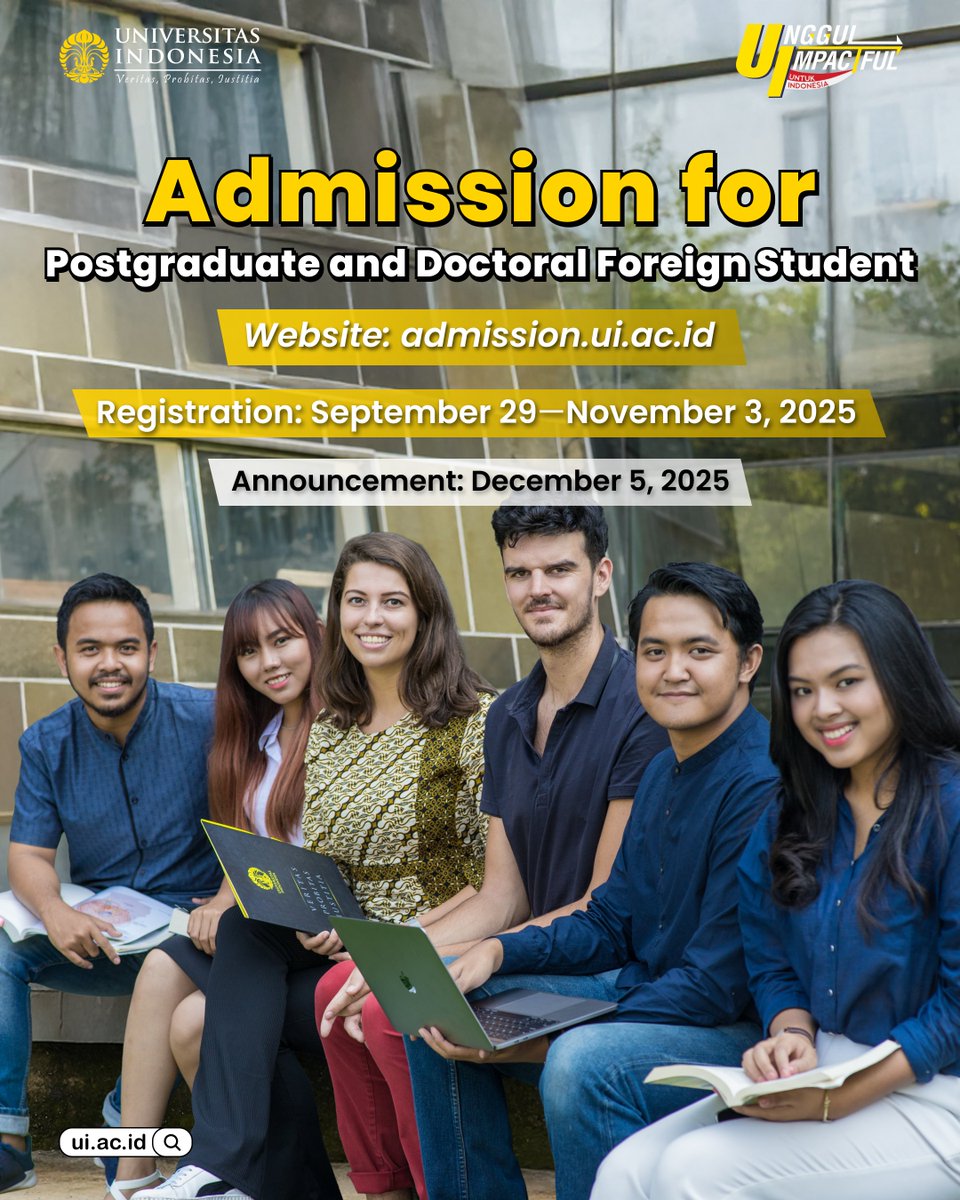 univ_indonesia's tweet image. Hello, Prospective New Students of Universitas Indonesia!👋🏻

Admission for Foreign Students (Postgraduate and Doctoral Programs) is open from September 29th to November 3rd, 2025.

Check this post for important dates and admission details. Stay tuned for further updates and don’t…