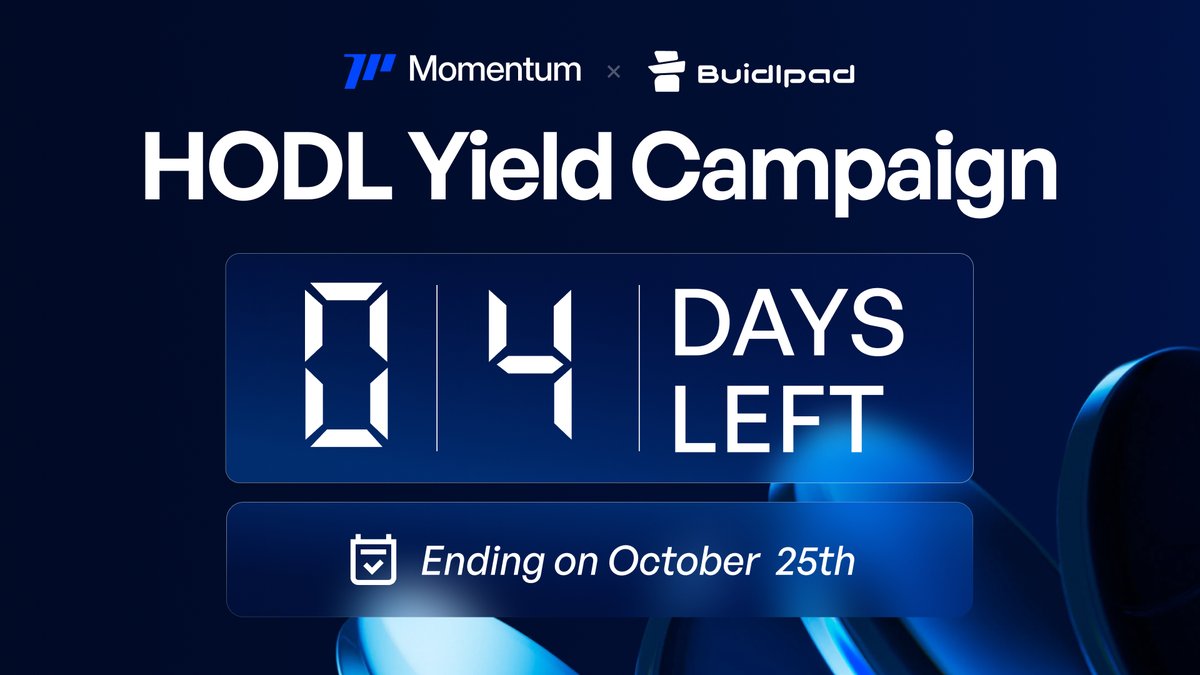 Momentum (@mmtfinance) on Twitter photo Only 4 days left to join Momentum x <a href="/buidlpad/">Buidlpad Ⓜ️Ⓜ️T</a> HODL Yield Campaign and secure an allocation in the upcoming Momentum Public Offering.
The clock is ticking! ⏱️ Only 4 days left to join Momentum x <a href="/buidlpad/">Buidlpad Ⓜ️Ⓜ️T</a> HODL Yield Campaign and secure an allocation in the upcoming Momentum Public Offering.
The clock is ticking! ⏱️