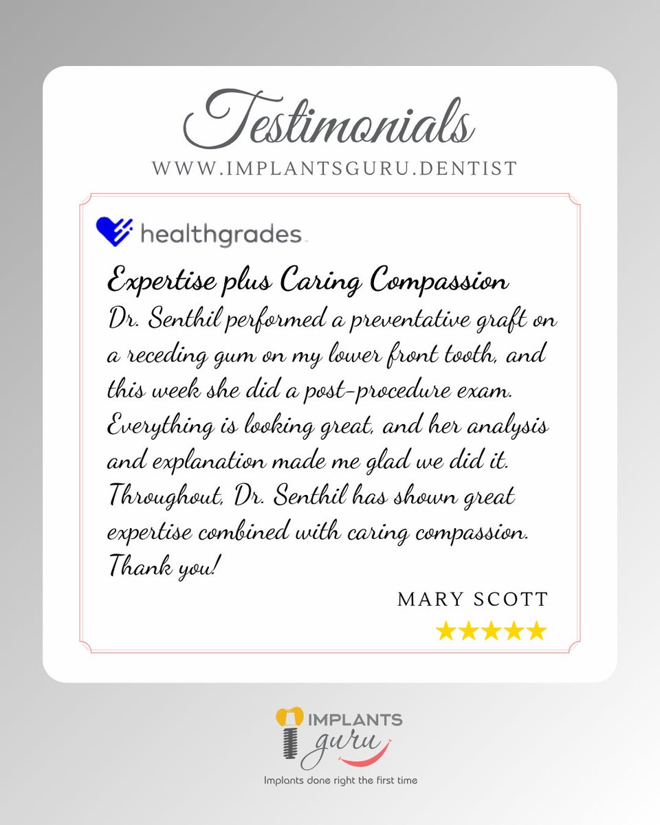 ImplantsGuru's tweet image. Happy Patient Review!

A Glowing 🌟 Review ✍️ From 'Mary Scott' on Healthgrades!

⭐ ⭐ ⭐ ⭐ ⭐

#reviews #healthgrades #feedback #implantsguru #ranchomirage #california