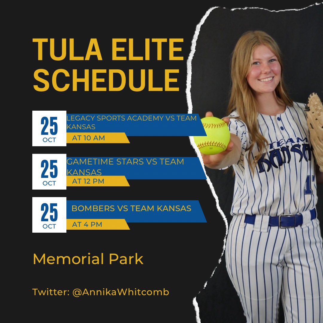 Annika Whitcomb (@annikawhitcomb) on Twitter photo Here’s my schedule for the weekend! Can’t wait to get back out there in Arkansas!
<a href="/KUSoftball/">Kansas Softball</a> <a href="/OKWUeagles_SB/">OKWU Softball</a> <a href="/MoStateSoftball/">Missouri State Softball</a> <a href="/TKFastpitch/">TeamKansasFastpitch</a> <a href="/teamkansashall/">Team Kansas Hall 16U</a> <a href="/UCASoftball/">UCA Softball</a> Here’s my schedule for the weekend! Can’t wait to get back out there in Arkansas!
<a href="/KUSoftball/">Kansas Softball</a> <a href="/OKWUeagles_SB/">OKWU Softball</a> <a href="/MoStateSoftball/">Missouri State Softball</a> <a href="/TKFastpitch/">TeamKansasFastpitch</a> <a href="/teamkansashall/">Team Kansas Hall 16U</a> <a href="/UCASoftball/">UCA Softball</a>