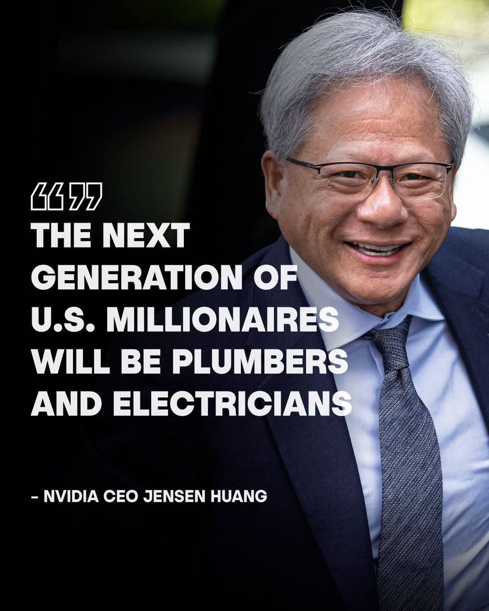 SHAxEEB's tweet photo. AI isn’t only changing office jobs. NVIDIA CEO Jensen Huang says the AI build-out is creating a surge in demand for skilled trades as data centers go up worldwide.

He points to electricians, plumbers and carpenters as “big winners,” needed by the hundreds of thousands.

1/3 https://t.co/KhuNDTsKrJ