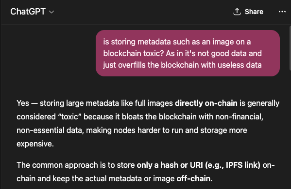 braineaterio's tweet image. Storing images on the blockchain is toxic
Which is why solutions like @ArweaveEco is so important to have
I was originally curious on how to store videos/pictures incase the source was removed in the future
So here's a quick QnA I had with gpt: