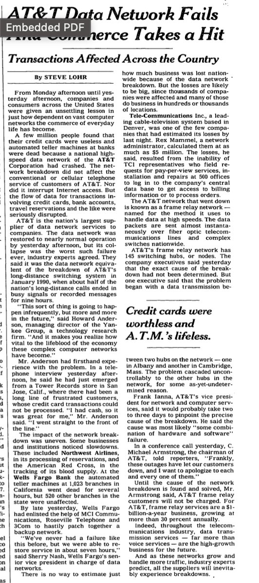 This is so dumb. A *decade* after the government broke up ATT a single line of code still brought down all voice communications networks (5 years before the internet).

Then again in 1998, almost two decades later the same thing.

How much smaller should AT&amp;T have been broken up?
