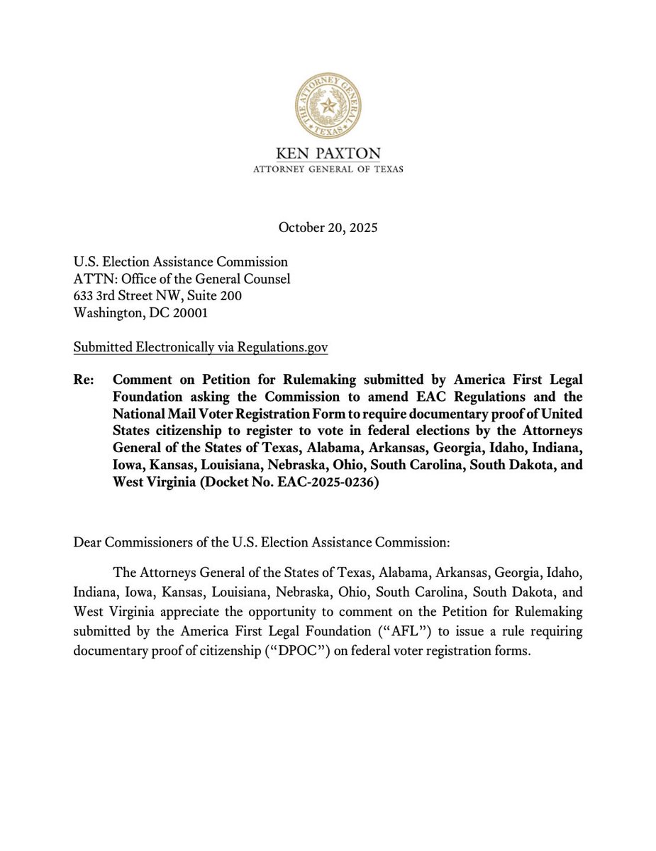 America1stLegal's tweet image. ELECTION INTEGRITY UPDATE 🗳️🇺🇸
A coalition of 14 states, led by @KenPaxtonTX, have filed a comment supporting AFL’s petition for a rule requiring PROOF OF CITIZENSHIP to vote.
This is a critical step toward ensuring that ONLY U.S. citizens vote in U.S. elections.