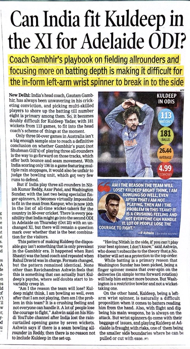 rᥲȷі𝗍🇮🇳 (@imrajitd) on Twitter photo If the management (read <a href="/GautamGambhir/">Gautam Gambhir</a>) feels Harshit has batting ability, let him bat at 8 .. play Kuldeep in place of Reddy or Washi at <a href="/TheAdelaideOval/">Adelaide Oval</a> in the 2nd ODI.
#AUSvsIND If the management (read <a href="/GautamGambhir/">Gautam Gambhir</a>) feels Harshit has batting ability, let him bat at 8 .. play Kuldeep in place of Reddy or Washi at <a href="/TheAdelaideOval/">Adelaide Oval</a> in the 2nd ODI.
#AUSvsIND