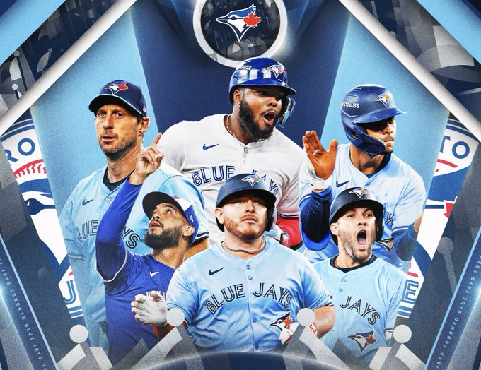 Composite graphic in blue tones showing six Toronto Blue Jays baseball players in uniforms and caps posing dynamically with arms raised and gestures of celebration around a central team logo circle on a diamond-shaped background with MLB branding.