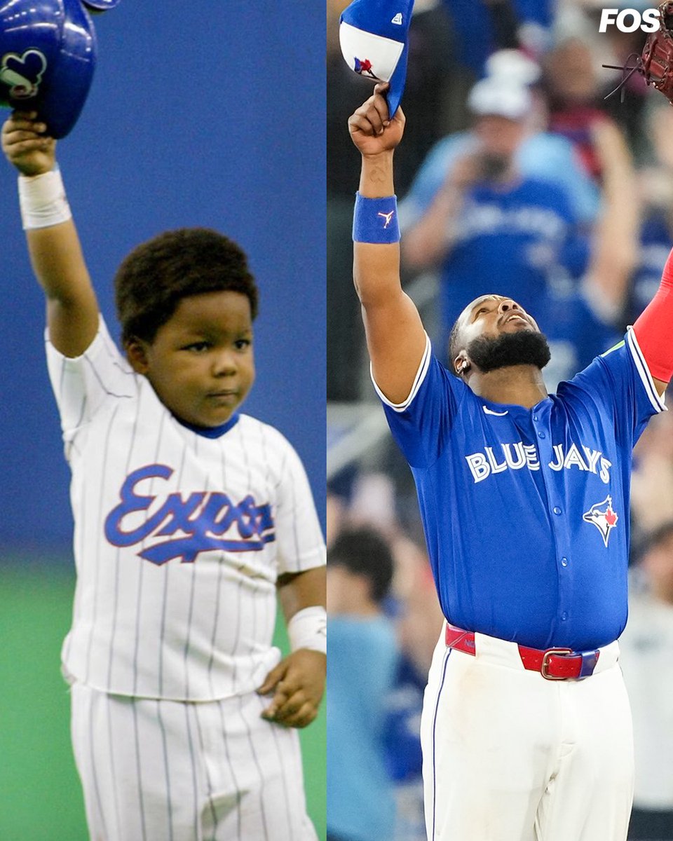 FOS's tweet image. 22 years after a young Vladdy Jr. raised his helmet at his dad&apos;s final Expos game, he&apos;s led the Blue Jays to the World Series.