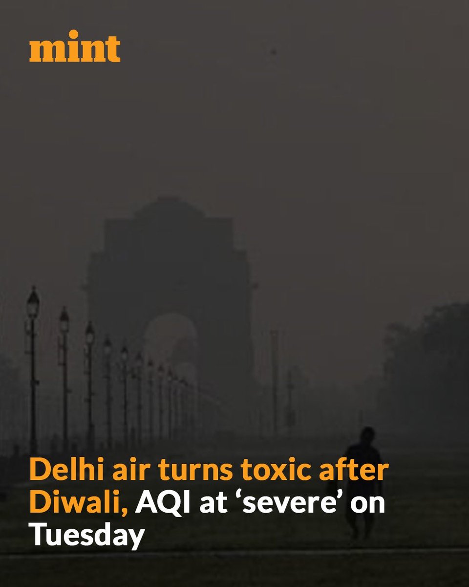 livemint's tweet photo. A day after Diwali celebration in the capital city, Delhi woke up to toxic air with the air quality index (AQI) worsening to the ‘severe’ category in most areas on Tuesday, October 21.

Read to know more 👇
https://t.co/aBHjzpxDWr https://t.co/g1bu3l3thS
