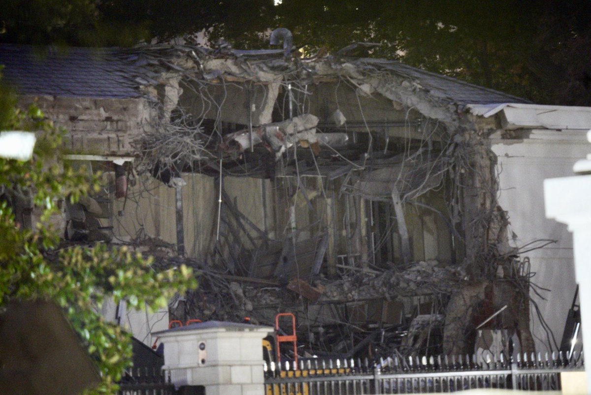 Trump earlier today when asked about the construction of the new ballroom:

“It won’t interfere with current building. It won’t be. It’ll be near it but not touching it — and pays total respect to the existing building, which I’m the biggest fan of.”

This is how it was left now