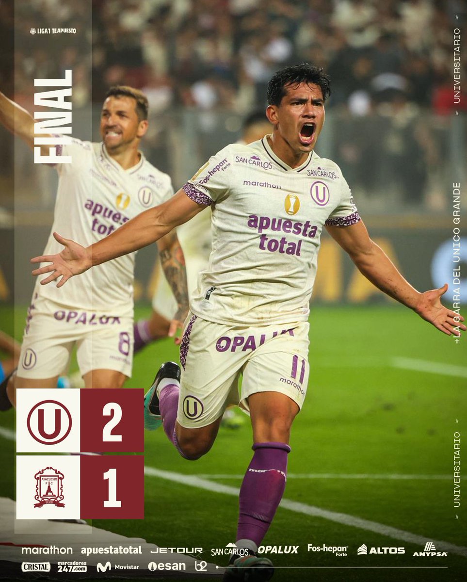 𝗚𝗔𝗡𝗔𝗠𝗢𝗢𝗢𝗢𝗢𝗢𝗢𝗢𝗢𝗢𝗢𝗢𝗦

⏱️ | 𝗙𝗜𝗡𝗔𝗟 𝗗𝗘𝗟 𝗣𝗔𝗥𝗧𝗜𝗗𝗢

⚽ Universitario 2-1 Ayacucho FC

𝗣𝗮𝗿𝘁𝗶𝗱𝗼 𝗮 𝗽𝗮𝗿𝘁𝗶𝗱𝗼, 𝗰𝗿𝗲𝗺𝗮𝘀 💪

#LaGarraDelÚnicoGrande