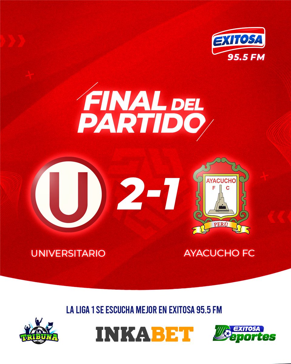 exitosape's tweet image. 🔴🔵⚽ La &apos;garra&apos; de los 3 puntos. Universitario consiguió un agónico triunfo frente a Ayacucho FC por 2-1, gracias a un gol heroico del &apos;Tunche&apos; Rivera. El camino al tricampeonato sigue firme para los &apos;cremas&apos;.

¡El fútbol peruano se vive con Inkabet! Ponte Barbón con una…
