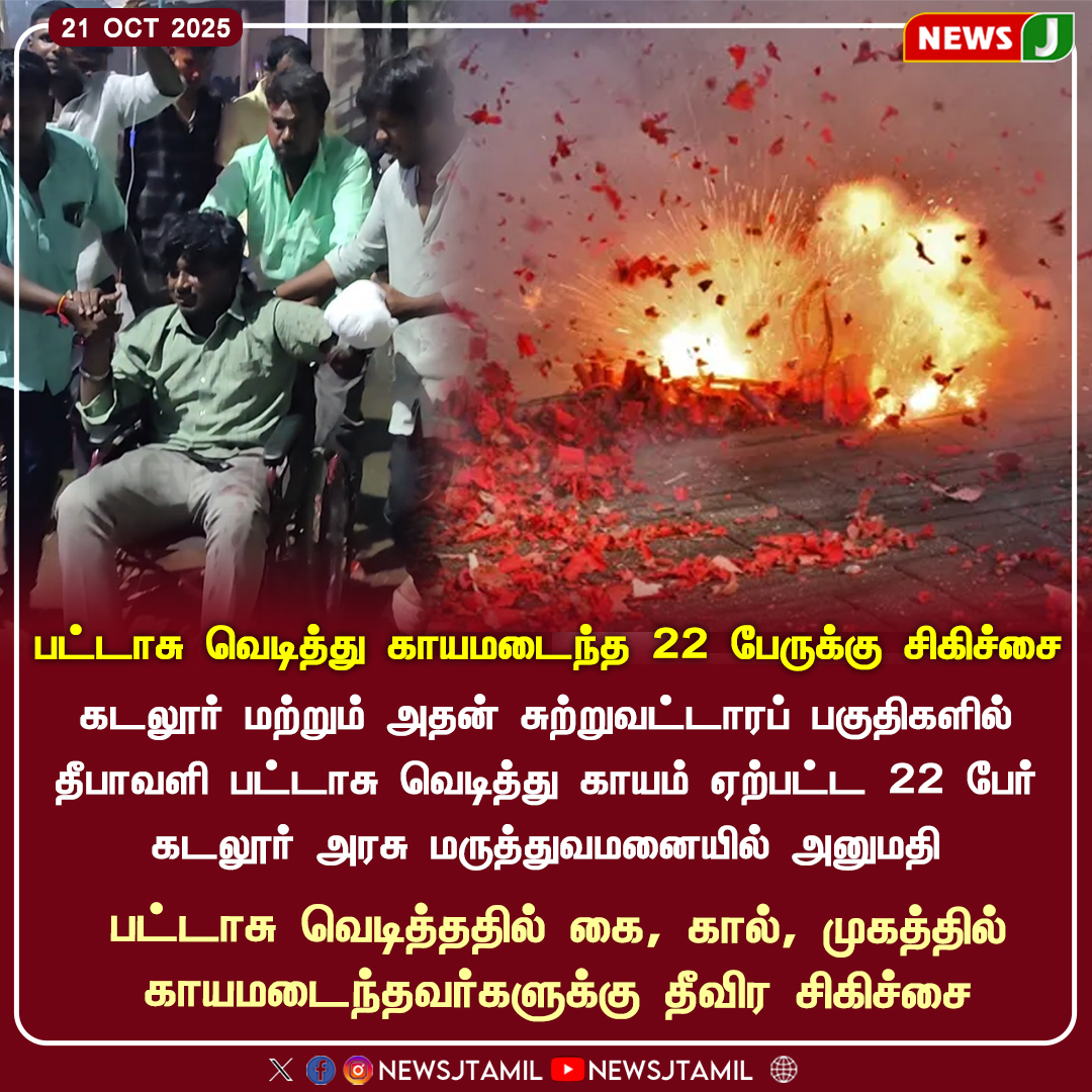 NewsJTamil's tweet photo. #NEWSUPDATE || பட்டாசு வெடித்து காயமடைந்த 22 பேருக்கு சிகிச்சை

#Cuddalore | #FirecrackerInjuries | #DiwaliAccidents | #PublicSafety | #FestivalInjuries | #CuddaloreHospital | #DiwaliCelebration | #HealthAlert | #TamilNaduNews | #EmergencyCare | #FirecrackerSafety | #TNUpdates | #StaySafe | #Diwali2025 | #newsj