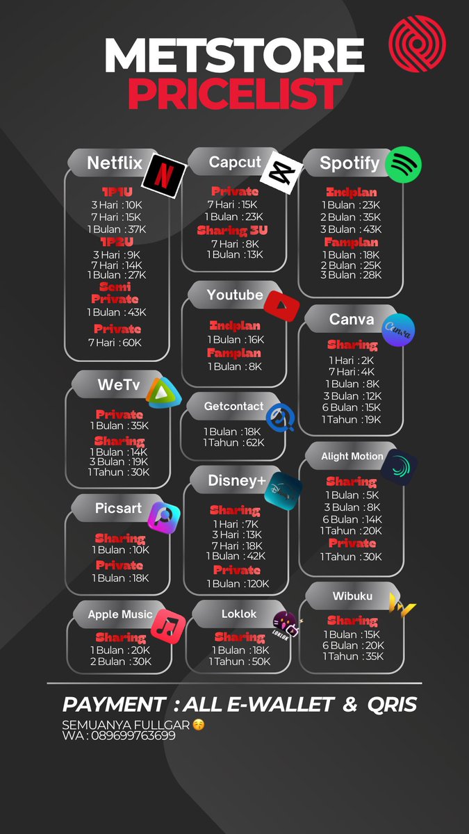 WTS APLIKASI PREMIUM MURAH MERIAHHH 🥰
spotify,disney+,netflix,canva,capcut, alight motion,chat gpt,youtube,wetv,get contact,loklok,wibuku,apple music,picsart,dlI bisa Isg wa di bio yaa
#zonauang #affiliate #zonajajan