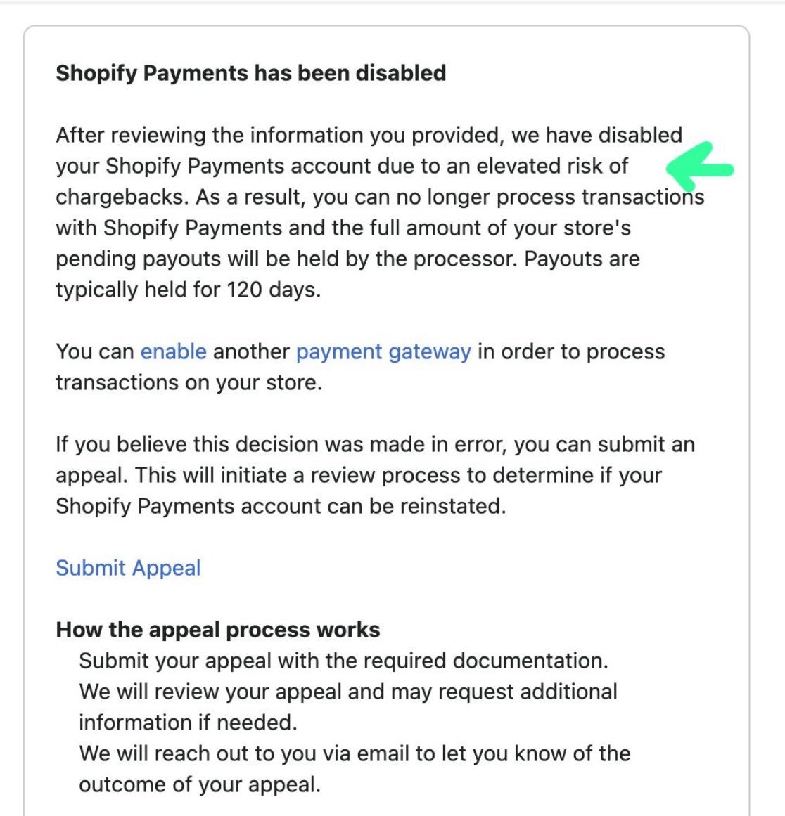 Our Shopify Payments was disabled for “elevated chargebacks” even though our rate is just 0.78%, which is below the 1% threshold. We sent all docs, fulfillment, suppliers docs, dispute protection, but no response.   Please escalate ASAP.

<a href="/Shopify/">Shopify</a>
<a href="/harleyf/">Harley Finkelstein</a>