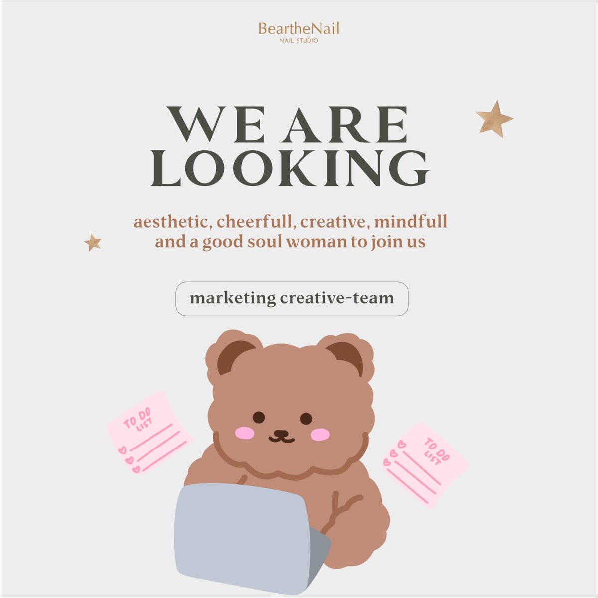 jogjakarircom's tweet image. 💅 WE’RE HIRING – BEAR THE NAIL STUDIO 🧸
📧 Kirim CV & Portofolio:
bearnailrekruitment@gmail.com
Yuk jadi bagian dari tim cantik & kreatif kami! 💕
#BearTheNail #LokerKreatif #LowonganKerja #LokerMarketing #CreativeTeam #HiringNow #LokerSolo #LokerBeauty #lokerjogja
