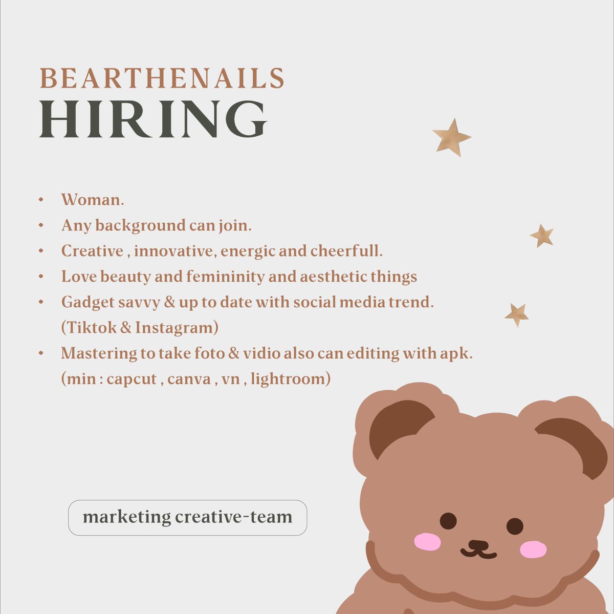 jogjakarircom's tweet image. 💅 WE’RE HIRING – BEAR THE NAIL STUDIO 🧸
📧 Kirim CV & Portofolio:
bearnailrekruitment@gmail.com
Yuk jadi bagian dari tim cantik & kreatif kami! 💕
#BearTheNail #LokerKreatif #LowonganKerja #LokerMarketing #CreativeTeam #HiringNow #LokerSolo #LokerBeauty #lokerjogja