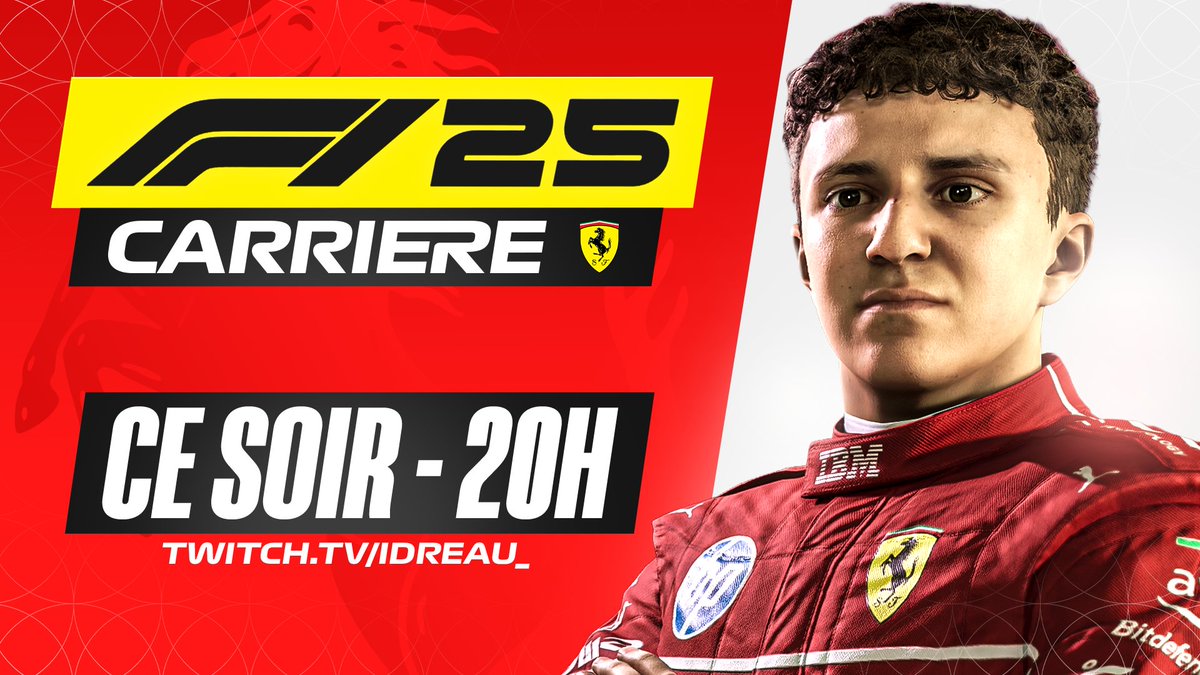 On continue sur la lancée d'hier avec un autre stream ce soir ! Rendez-vous vers 20H pour la suite de la carrière F1 25 avec Isack Hadjar &amp; Ferrari ! 😍