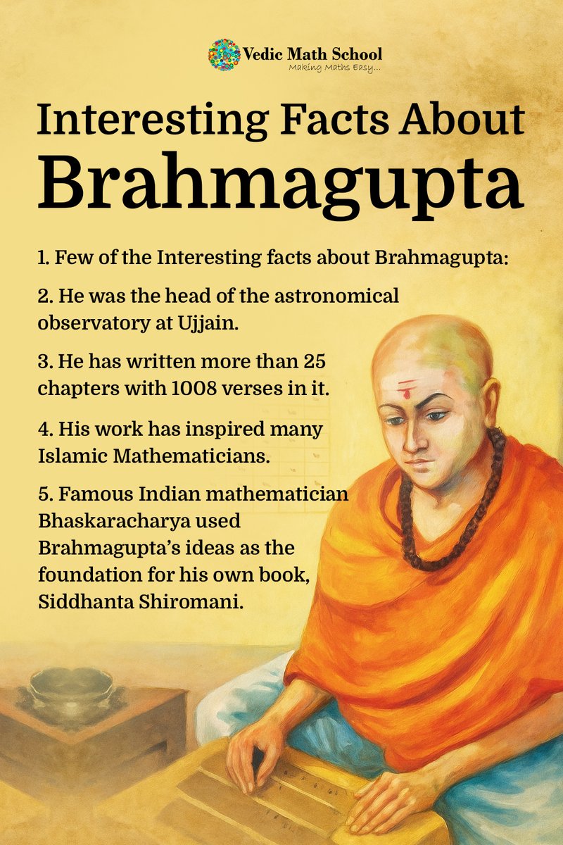 vedicmathschool's tweet image. Brahmagupta (598 CE) gave us one of math’s biggest ideas: zero.
He led Ujjain’s observatory, wrote Brahmasphutasiddhanta, and inspired math across India, Arabia &amp;amp; Europe.
Yes, he said 0 ÷ 0 = 0—bold, but wrong.

#Brahmagupta #MathHistory vedicmathschool.org/brahmagupta/