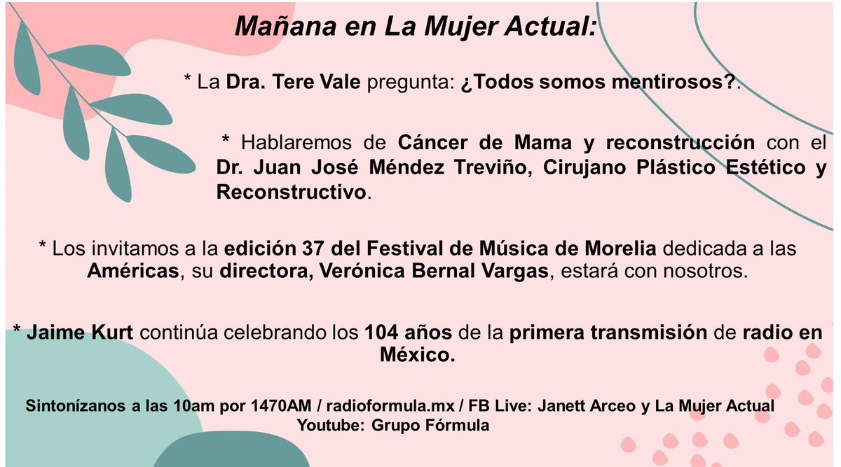 ¡Te esperamos! <a href="/TereValeMX/">Tere Vale</a> <a href="/FMusicaMorelia/">Festival de Música de Morelia MBJ</a> @drmendeztrevino #CáncerdeMamayreconstrucción #JaimeKurt #104añosdelaRadioenMéxico