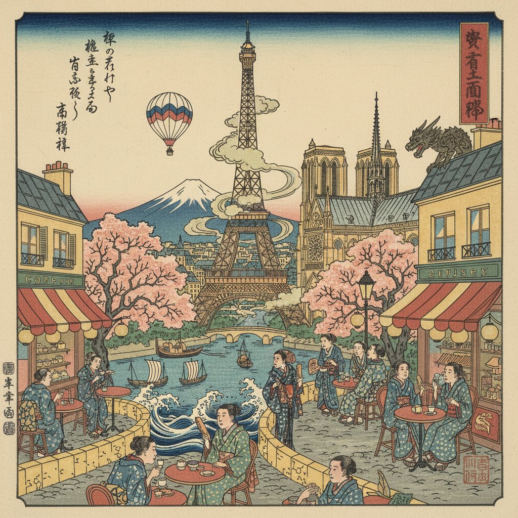"A beautiful view of Paris, showcasing iconic landm…ed with cafes and people enjoying the atmosphere. Ukiyoe-style" #nanobanana