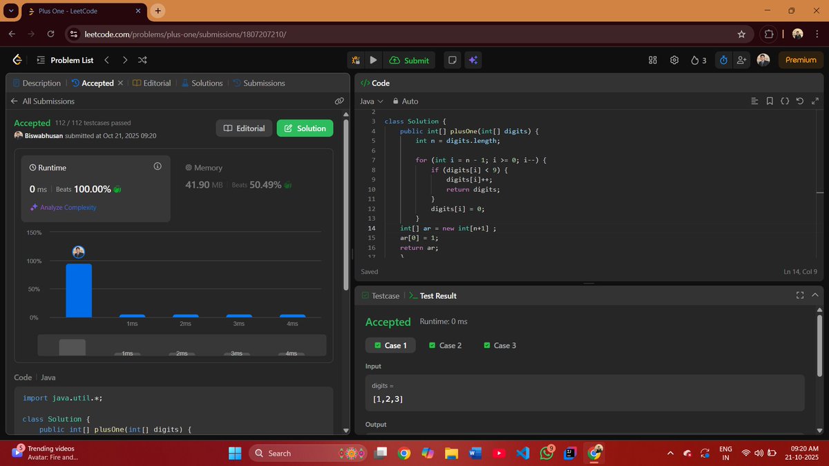 IAmBiswabhusan0's tweet image. ✅ Day 28/100 – Java DSA Challenge
Problem: Plus One (LeetCode)
Achieved 0ms runtime, beating 100% solutions 🚀
Step by step, code by code — getting stronger every day 💪
#Java #DSA #LeetCode #100DaysOfCode #Zigbee